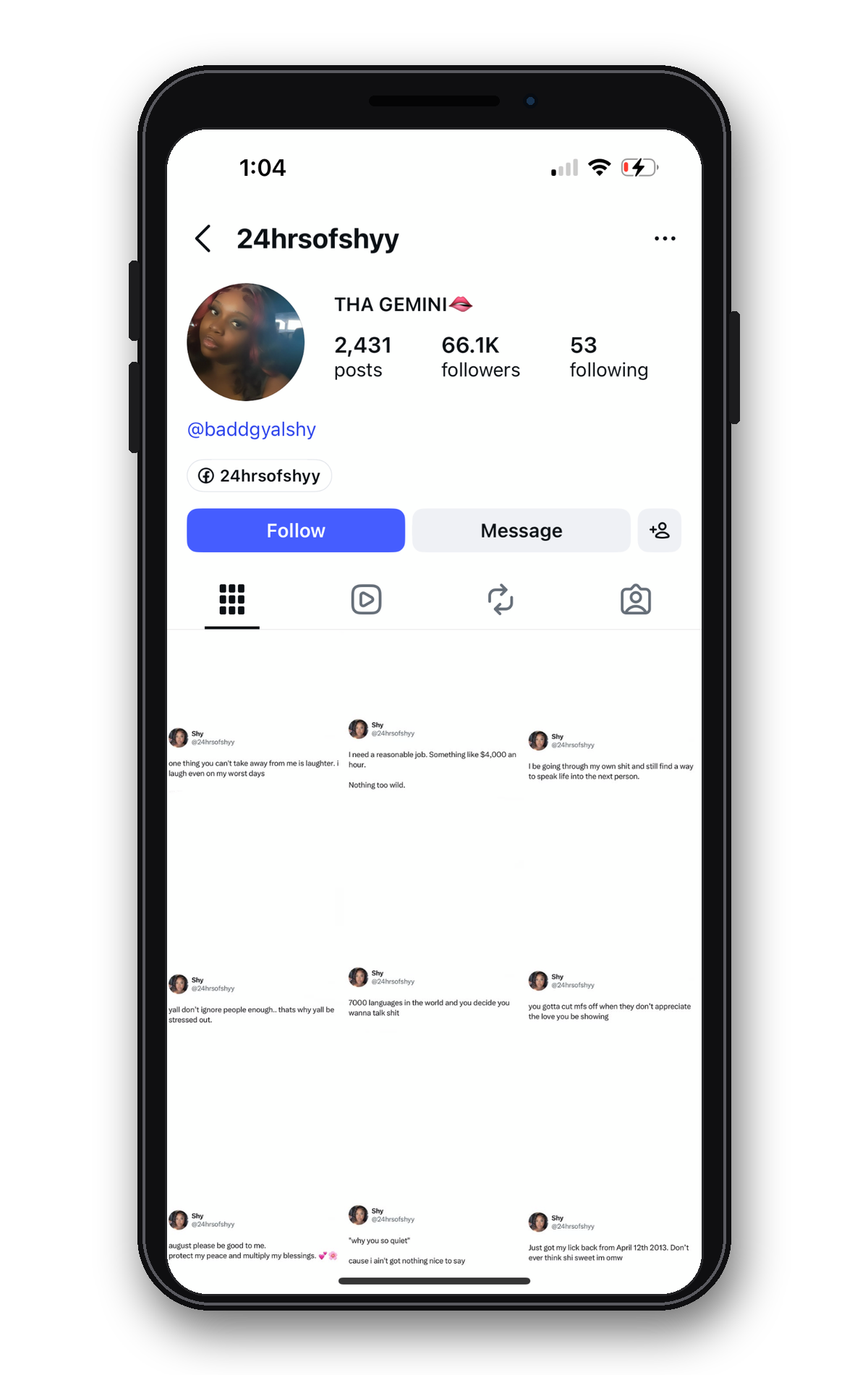 Instagram creator page sharing short lifestyle thoughts