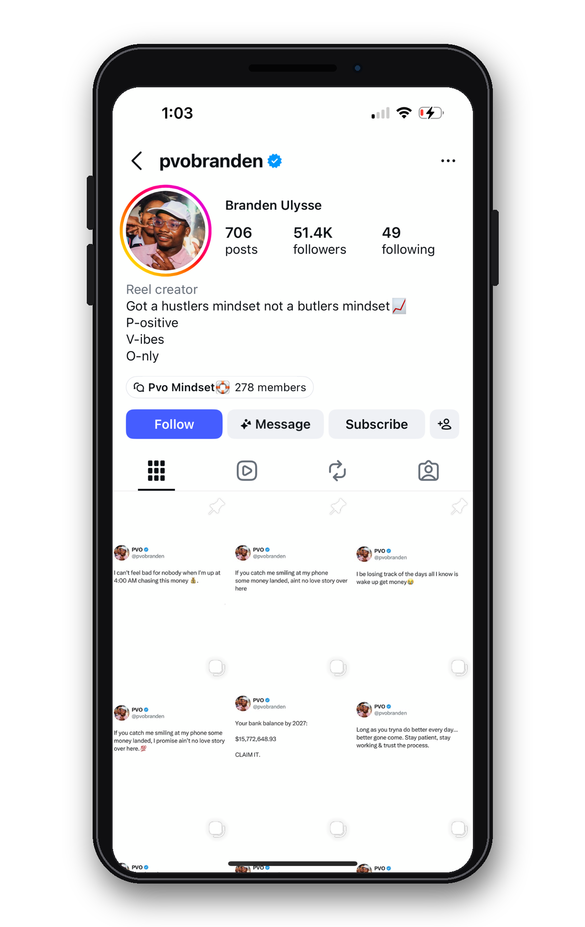 Instagram creator page sharing motivational text posts