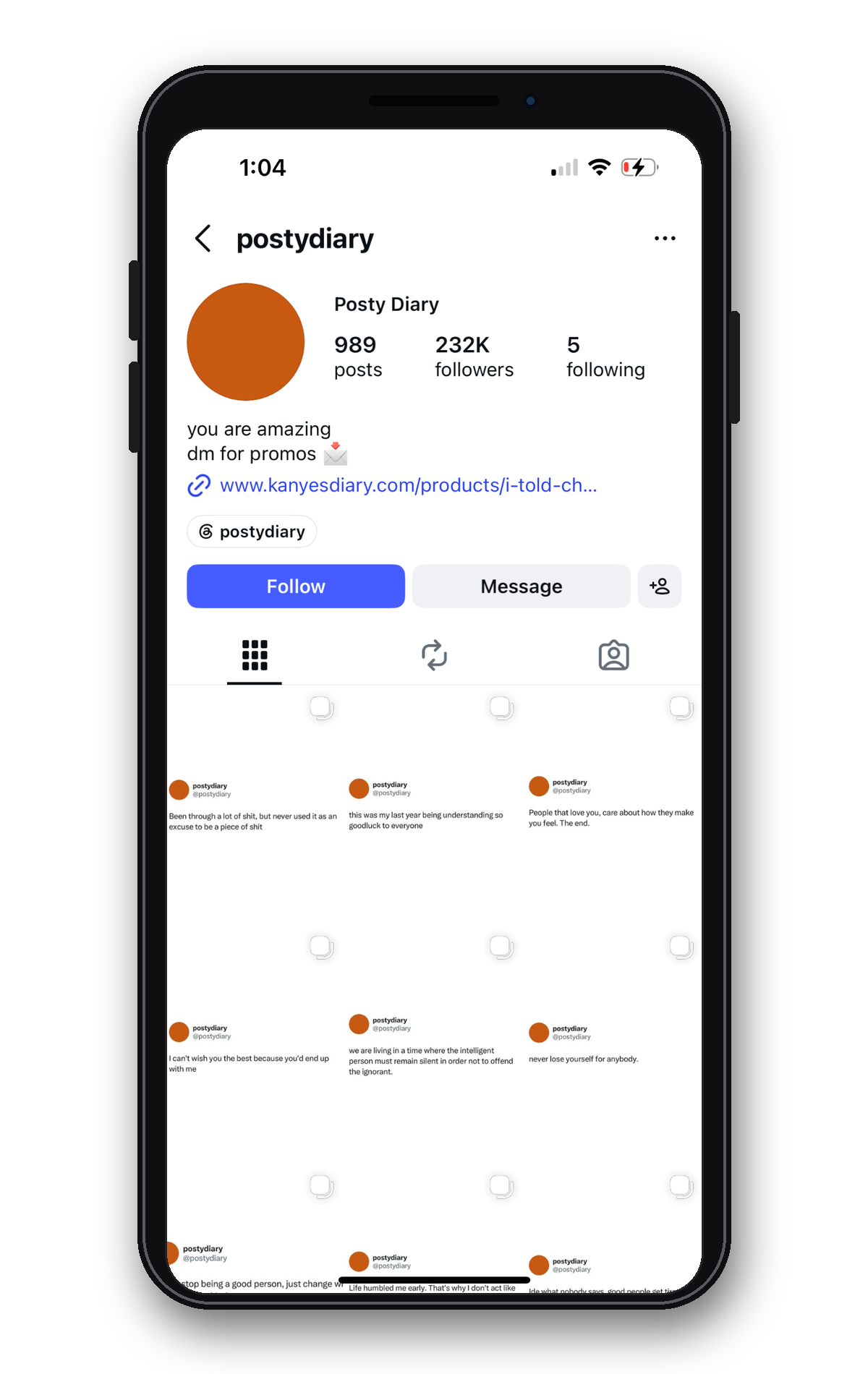 Instagram quote page with a grid of Twitter-style posts